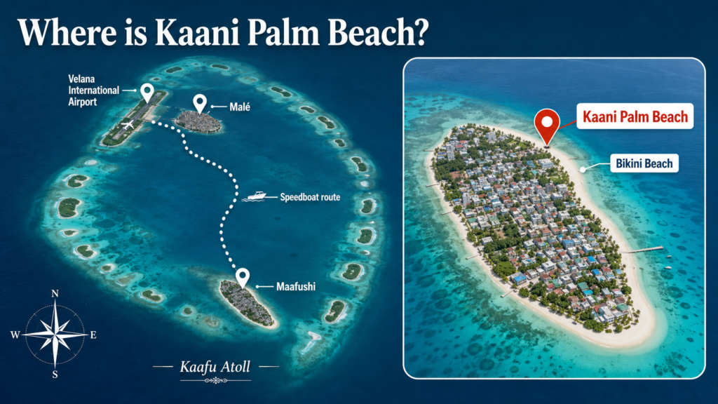 Map showing the transfer from Velana Airport to Kaani Palm Beach Maafushi